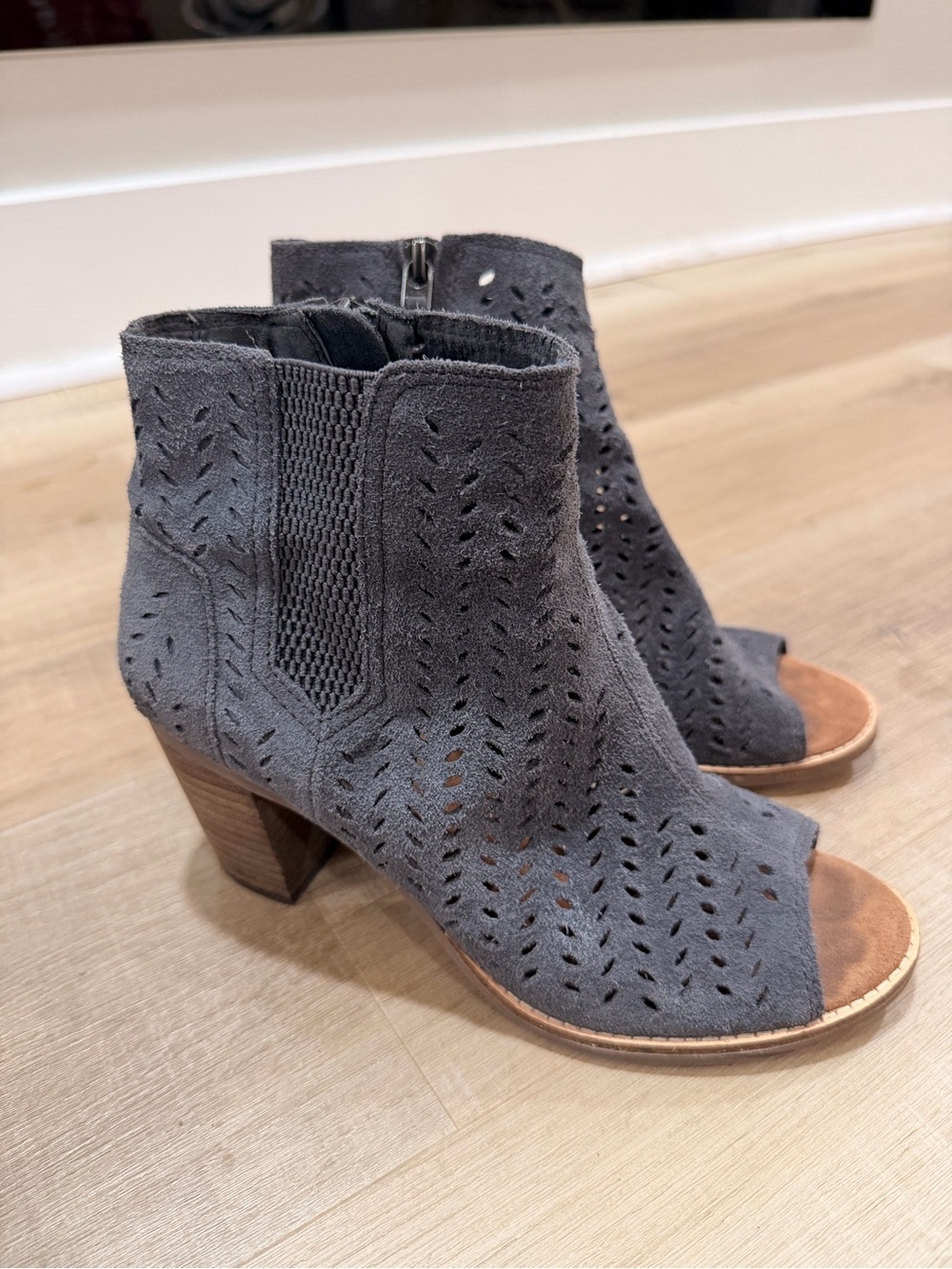 TOMS Majorca Grey Suede Peep-Toe Ankle Booties